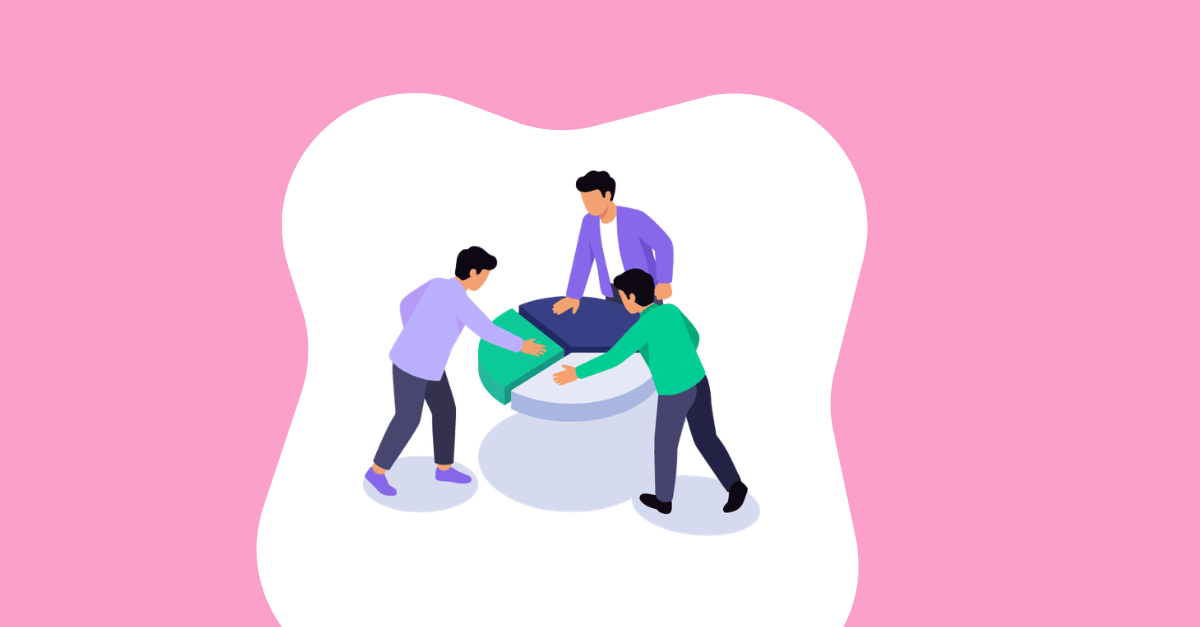 Featured image: Illustration of a founder's ownership stake being divided among investors and team members around a shared pie chart, representing a startup cap table.