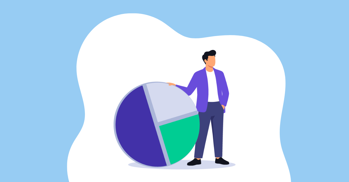Featured image: Illustration of a grounded founder with one hand resting on a large abstract pie shape, conveying quiet ownership